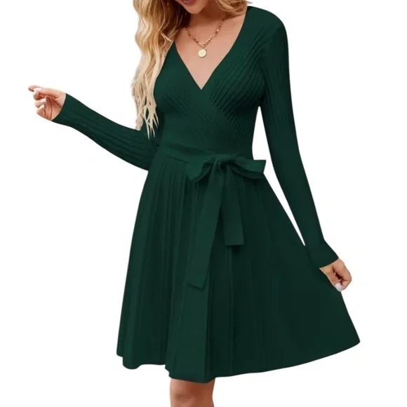 Women’s Long Sleeve Wrap V-Neck Ribbed Knit A line Sweater Dress - Picture 7 of 10